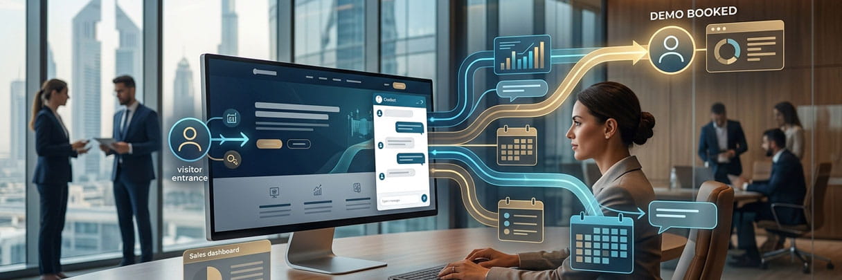 Website chatbox helping a B2B company turn visitors into demo requests.